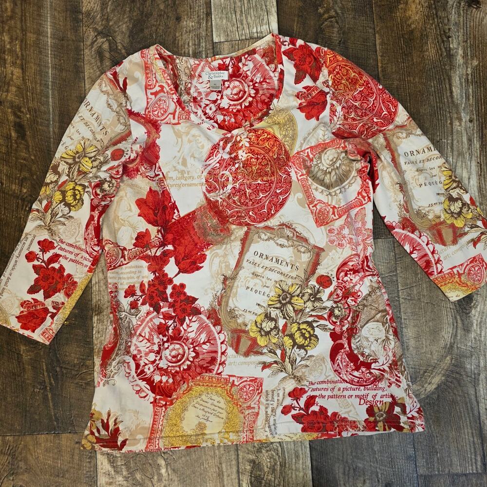 Red Baroque Floral Top XL Vintage Scroll Print Cottagecore Boho Stretch